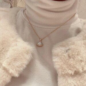 Elegant Fan-Shaped Rose Gold Pendant Necklace Pink Chalcedony & Crystal Accents